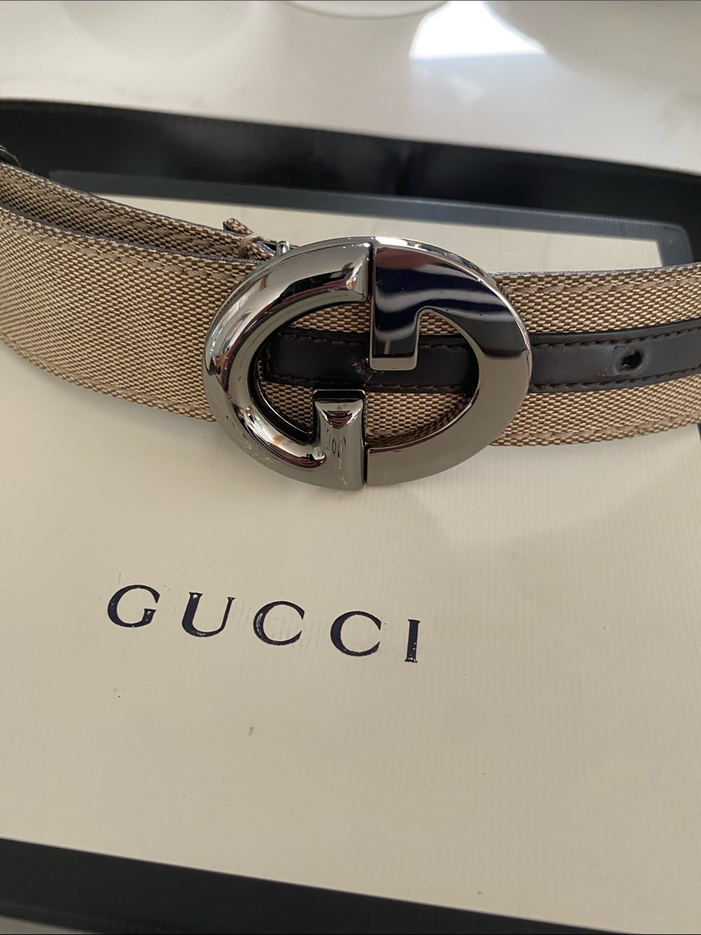 Gucci Beige Canvas Belt with Black Trim and Silver GG Buckle